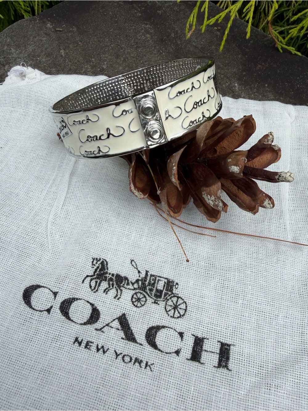 Coach White Signature Logo Enamel Bangle Bracelet with Dust Bag